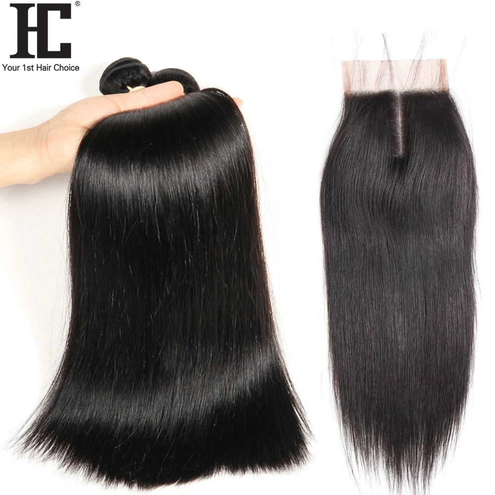 

HC Brazilian Straight Hair Bundles With Closure 3 Bundles Remy Straight Human Hair Weave With 5x5 Closure Bleached Knots 4 Pcs