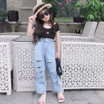 

Spring Summer girls jeans baby denim pants kids trousers children bottoms streetwear striped hole straight leg 3 to 12 yrs