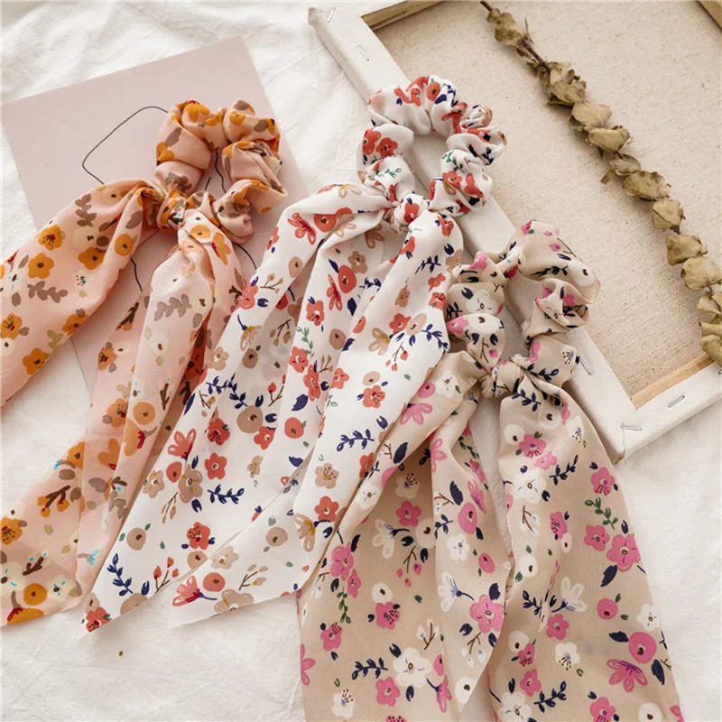 Floral Print Scrunchies for Women Elastic Hair Bands Streamers Bow Scarf Rope Ties Fashion Girls Accessories Hot |