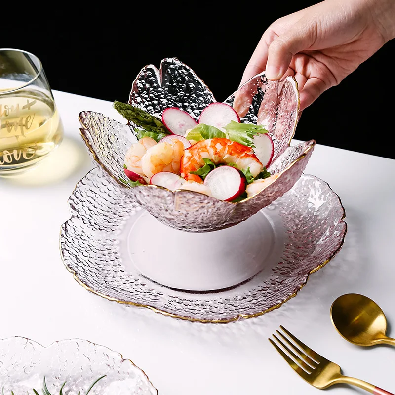 

Glass Plate Flower Shape Bowl and Dish Light Luxury Fruit Salad Bowl Dessert Bowl Fruit Snack Plate