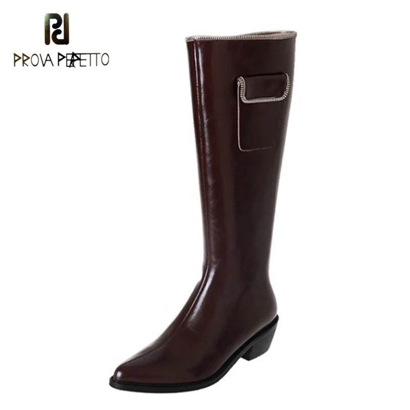 

Horse Oil Cowhide Rider Boots Knee-length Pointed Toe Mid-heel Side Zipper Western Boots Zipper Pocket Decorative Boots