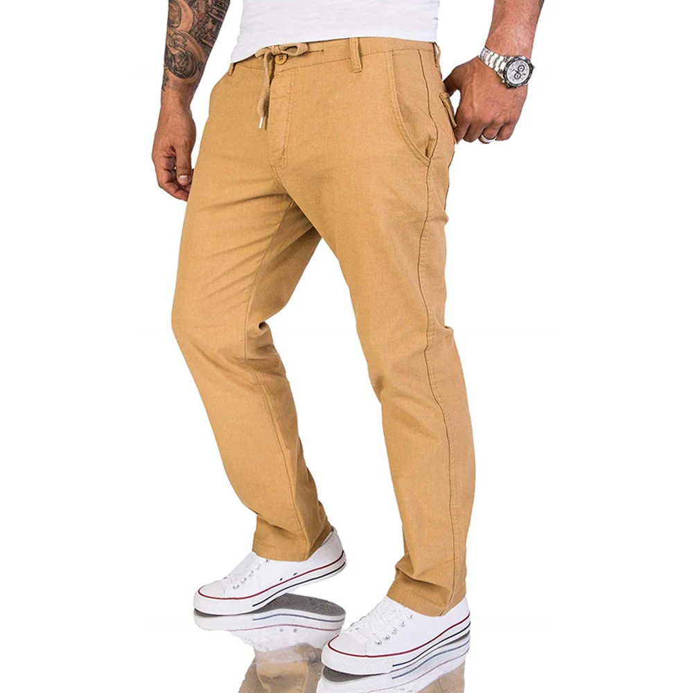 

Men Pants Straight Large Pocket Drawstring Pants Casual Loose Solid Pants For Man Khaki Mid Waist Full Length Trousers homme D30