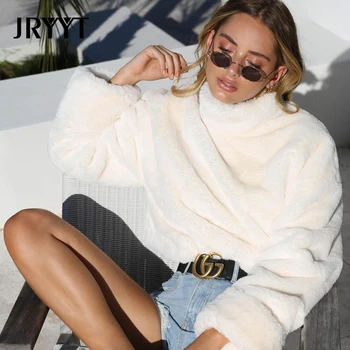 

JRYYT Turtleneck Lambswool Cropped Sweater Women Solid Faux Fur Outwear Women Back Zipper White Pullovers Femme Korean Top 2020