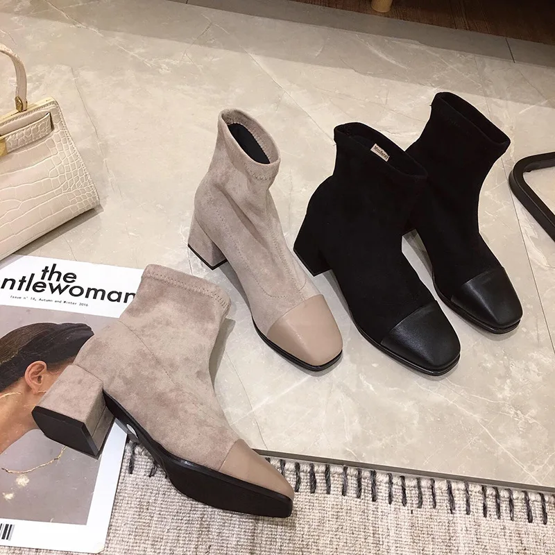 

WOMEN'S Ankle Boots 2019 Autumn And Winter New Style Korean-style-Style Mixed Colors Stretch Boots Chunky Heel Slimming Boots Br