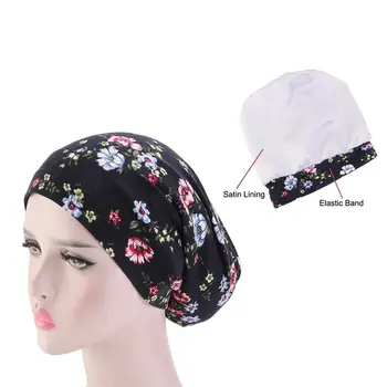 

Women Flower Printed Muslim Turban Sleeping Cap Cotton And Satin Bonnet Night Head Cover Hair Loss Cap With Elastic Band