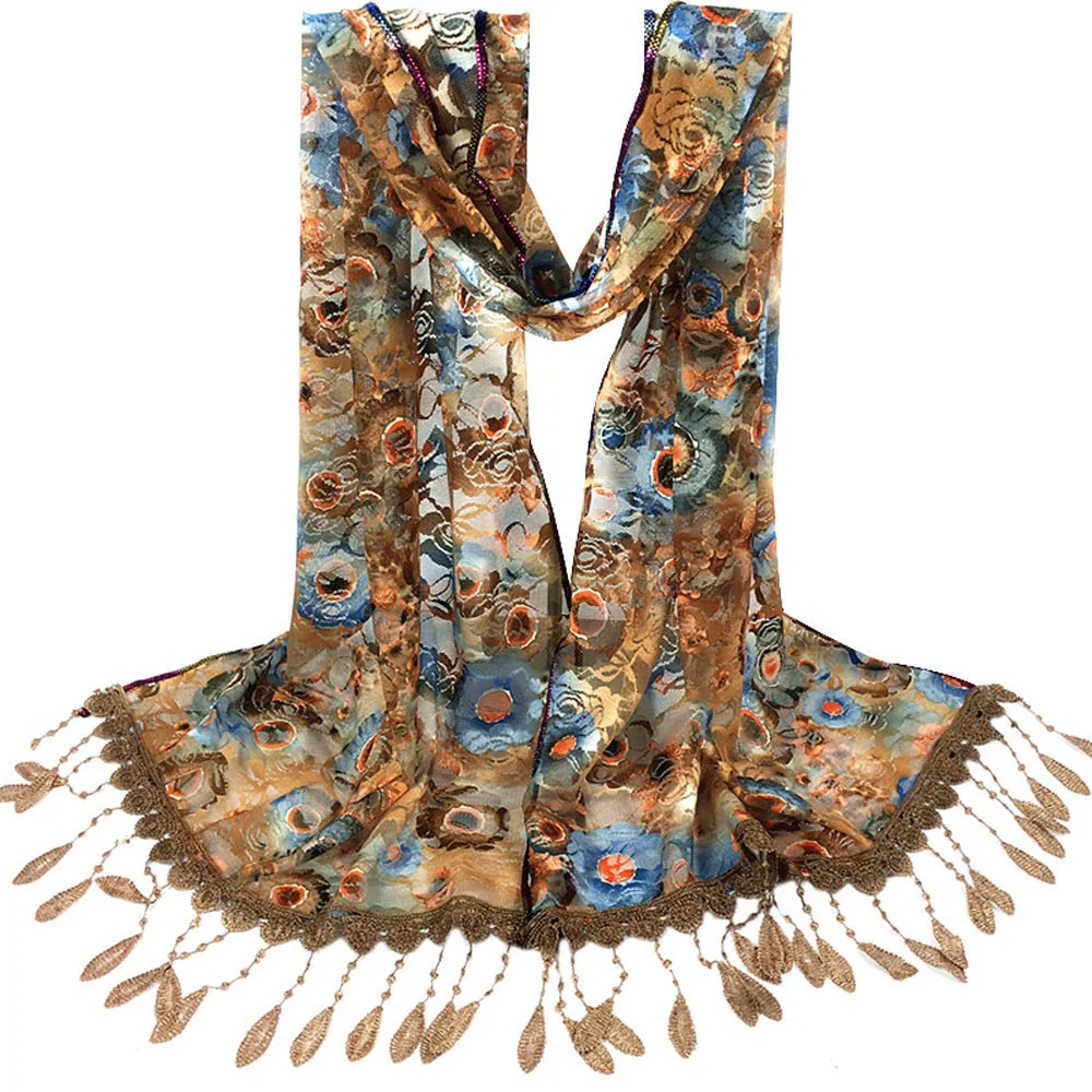 1 шт. цветочный кружевной женский длинный шарф с этническим принтом бахромой шарфы весенние мягкие женские пашмины из вискозы тонкие летние шали платки с кисточками# B
