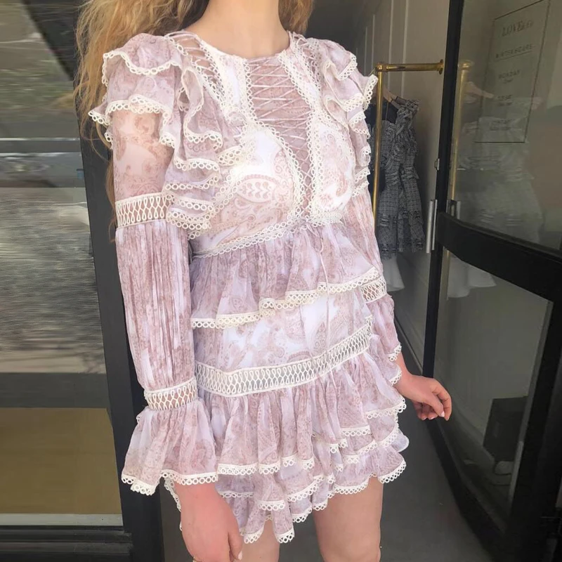 Розовый Пляжный патч Вышивка выдалбливают рюшами Boho Европейский Zimm Подиум Дизайнер Высокое качество короткое Кружевное Сексуальное Женское Платье Vestidos - Цвет: Розовый
