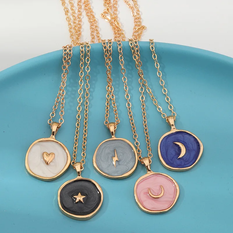 Harajuku Sweet Cute Moon Star Heart Enamel Necklace Simple Korean Fashion Round Lightning Delicate New | Украшения и аксессуары