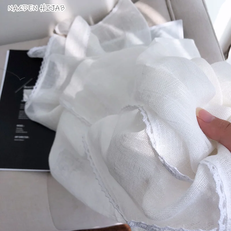 

NEW Cotton linen hijab scarf embroidery edge white fashion scarves and shawls echarpe luxury women muslim wedding hijabs