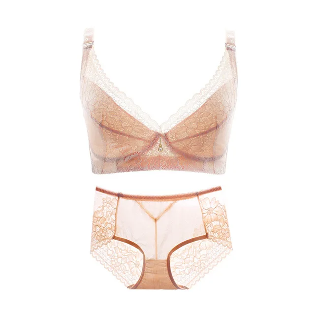 nude ultra thin Xianqifen Комплект бюстгальтеров, трусики, короткие бюстгальтеры для женщин размера плюс, беспроводное сексуальное женское белье, кружевной бюстгальтер, нижнее белье BCD, тонкий цветочный 36, 38, 40 - Цвет: nude ultra thin
