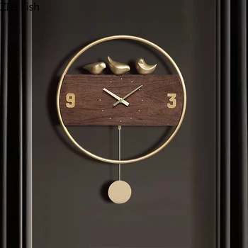 

12 Inch Pointer Silent Sweep Needle Wall Clock Walnut Wood Golden Metal Hang with Pendulum Timepiece Ornaments Nordic Wall Watch