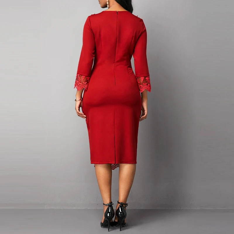 MISSJOY Solid Color Plus Size Dresses Women Embroidery Patchwork Three Quarter Sleeves Lace Autumn Party Red Elegant O-Neck