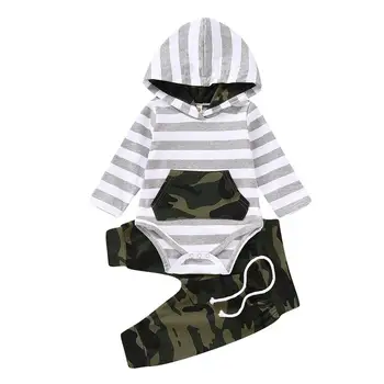

Baby Boys Cotton Long Sleeve Striped Hooded Bodysuits + Camouflage Print Trousers Casual Kids Clothing Sets 2Pcs Suits