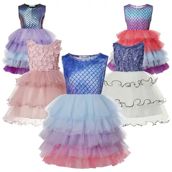 

Girls Floral Applique Layered Dress Summer Kids Sleeveless Frocks Lace Tulle Fancy Gown Children Dress Up Party Costumes