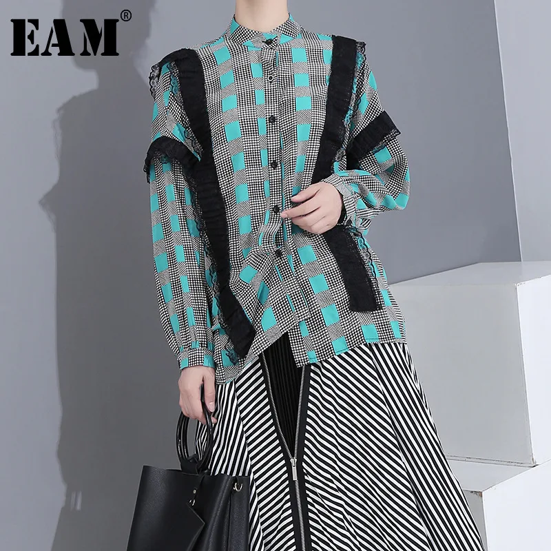 

[EAM] Women Pattern Printed Ruffles Big Size Blouse New Stand Collar Long Sleeve Loose Fit Shirt Fashion Spring Autumn 2019 1H56