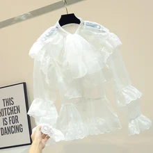 Кружевная шифоновая блуза с длинными рукавами для женщин, г. Ранняя осень, новая Корейская тонкая рубашка с краем листа лотоса белые рубашки топы для девочек