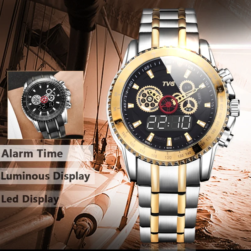

2020 New TVG Luxury Men Sports Watches Stainless Steel Belt Calendar Week Multi-Function Dual Time Zone Watches Orologio Uomo