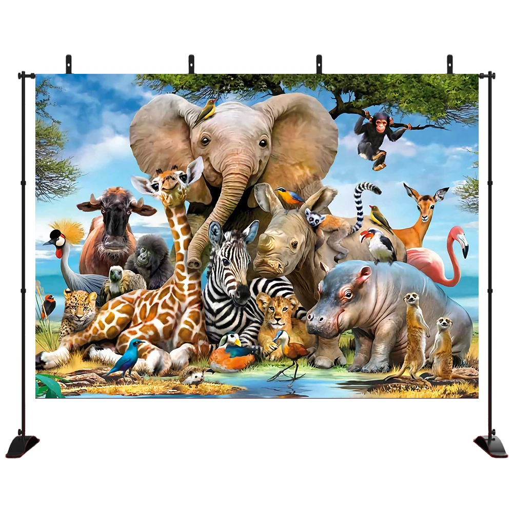 

Safari Animals Backdrop Large Group of African Safari Animals in Grassland Elephant Flamin Giraffe Lion for kids Birthday Party