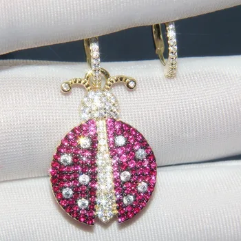 

925 Sterling Silver Yellow Gold Color Ladybug Earrings Pink Red Zircon CZ insect earrings Women ARC EN CIEL Fashion Jewelry