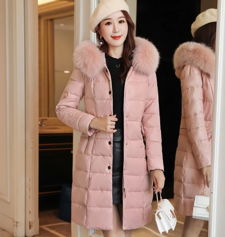 pink Зимние женские пальто куртка из искусственной кожи воротник из лисьего меха 40%-50% белый утиный пух женский пуховик теплые парки верхняя одежда средней длины - Цвет: pink