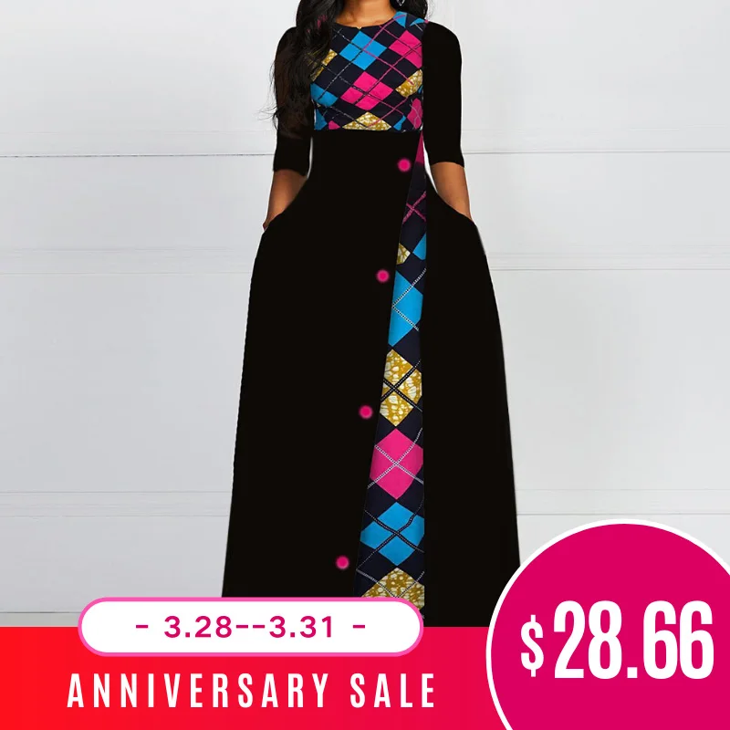 

Autumn Winter Women Black Long Dress Elegant Print 2019 African Vestido Vintage A Line Plus Size Half Sleeves Prom Dresses
