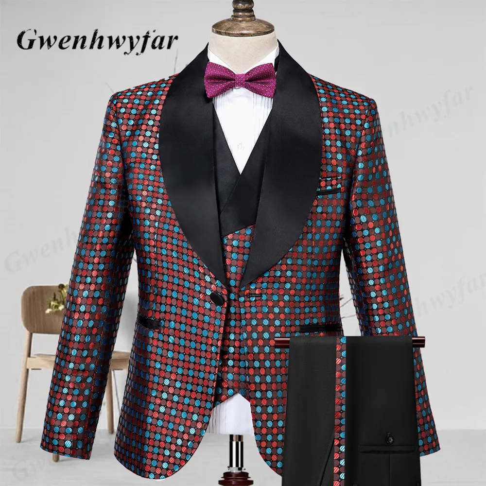 Description Picture 6 of itemGwenhwyfar Star Green Pattern Fabric Men Suits 2022 Tailor-made Groomsmen Best Man Tuxedos Suit with Gold Loquat Flower 3 Pieces