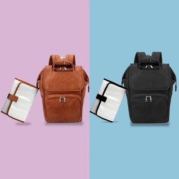 

New Fashion Quality pu leather baby dispers bag mummy bag waterproof baby bags changing pad stroller straps backpacks