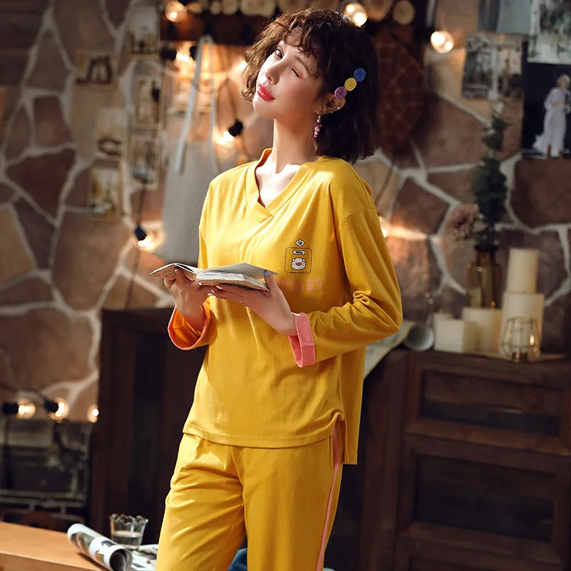 

Korean-style Spring And Autumn Pajamas Women's Thin Long Sleeve Pure Cotton V-neck Cartoon Square Pigskin Loose-Fit Two-Piece Se