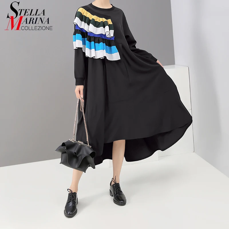 Новинка 2019 корейский стиль женское осеннее модное черное платье с длинными