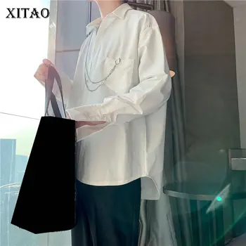 

XITAO Irregular Black White Shirt Fashion New Single Breast Pocket Full Sleeve Minority Elegant Style Loose Blouse XJ4778