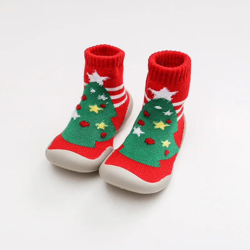 Модные детские носки с резиновой подошвой Младенческие хлопчатобумажные носки для детей Половые носки Обувь на Рождество противоскользящие Мультипликационные носки для мальчиков и девочек - Цвет: Christmas tree