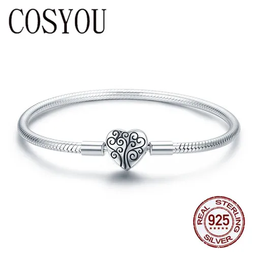 

COSYOU 100% 925 Sterling Silver Spring Tree of Life Heart Shape Clasp Snake Chain Bracelet Sterling Silver Jewelry S925 SCB066