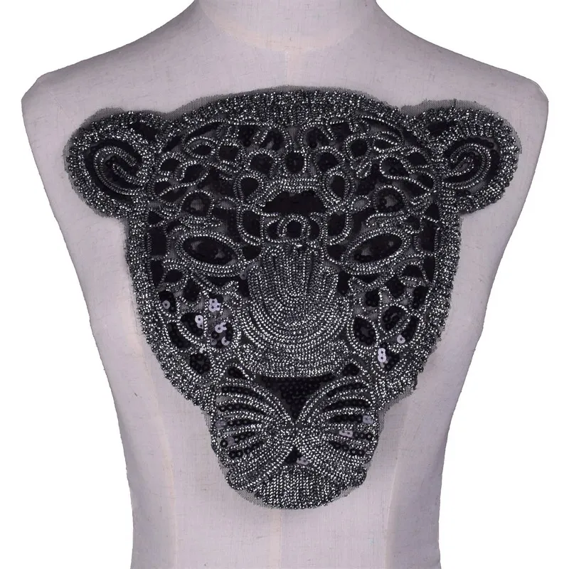 New Large Gold Sequins Leopard Head Patch DIY Clothes Patches For Clothing Sew-on Embroidered Tiger Motif Applique Crafts