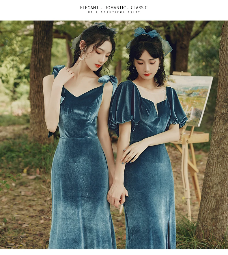 Dusty Blue Velvet Bridesmaid Dresses 4 