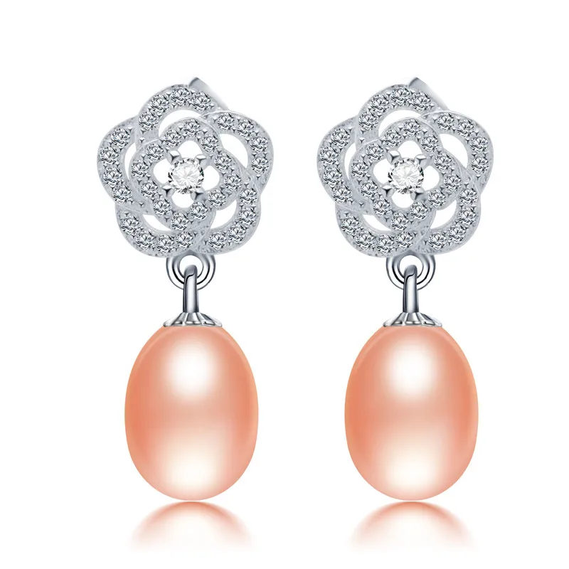 pink pearl earring Белые серьги в форме цветка, 8-9 мм, серьги с жемчугом, 925 пробы, серебряные серьги для женщин, натуральный жемчуг, серьги, модное ювелирное изделие - Цвет камня: pink pearl earring