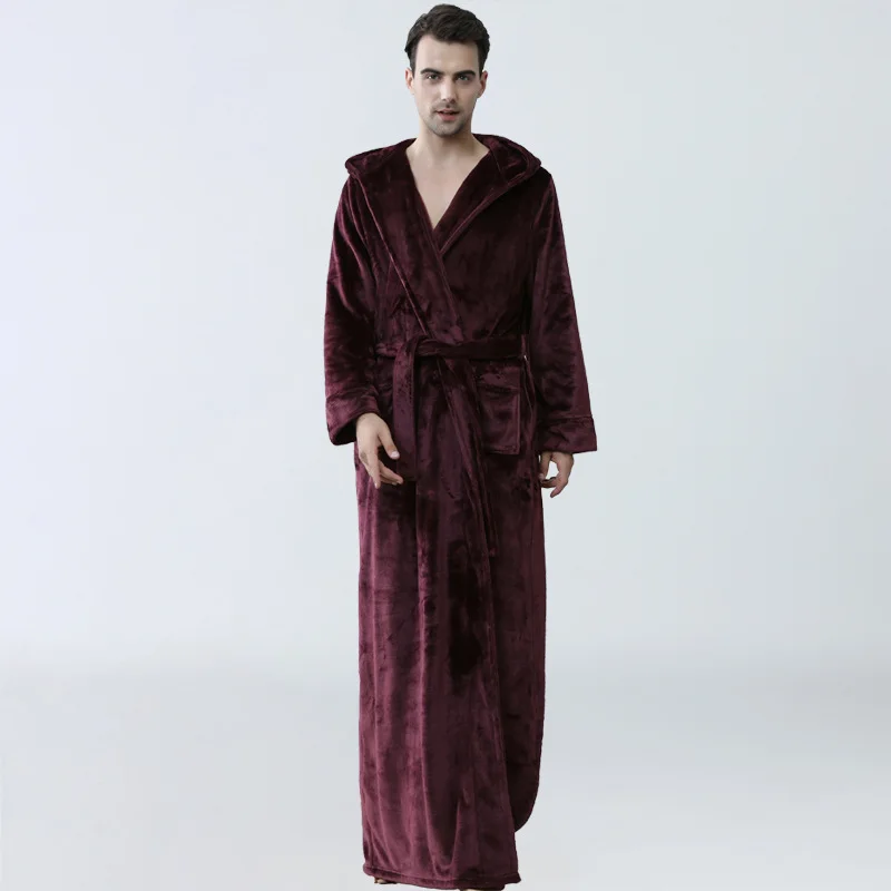 New Men Winter Extra Long Hooded Thick Flannel Warm Bath Robe Male Dressing Gown Thermal Bathrobe Women Mens Luxury Kimono Robes