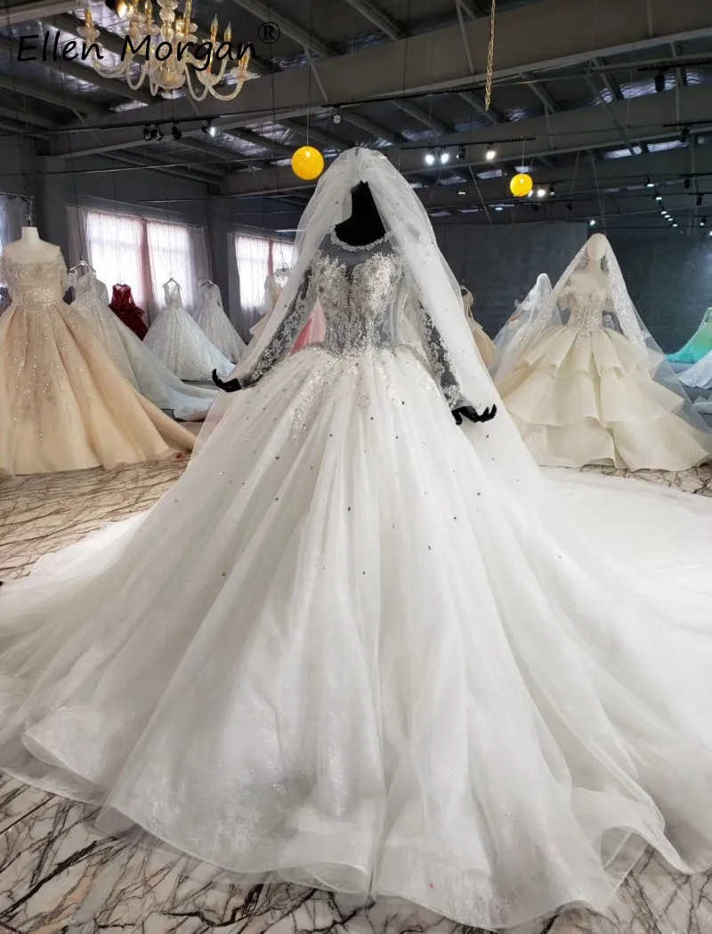 Роскошные Длинные рукава Бальные платья Свадебные платья Vestido de Novia Кружева кристаллы прозрачные цвета слоновой кости индивидуальный заказ принцесса невесты