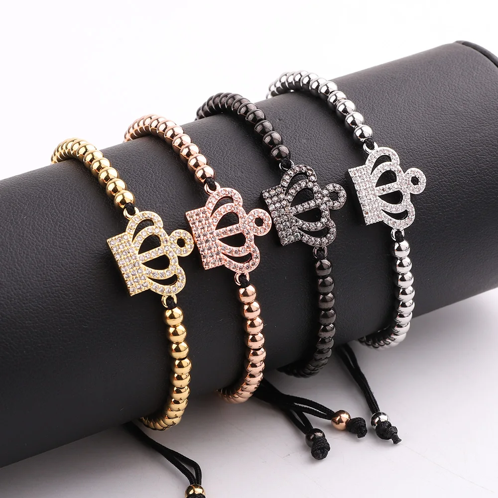 Jaravvi High Quality CZ Micro Pave Crown Stainless Steel Beads Handmade Cord Macrame Friendship Bracelet Men Women Jewelry Gift