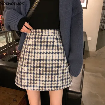 

Skirts Women Mini Vintage Simple A-Line Slim All-match Korean Style Streetwear High Waist Casual Womens Plaid Skirt Harajuku