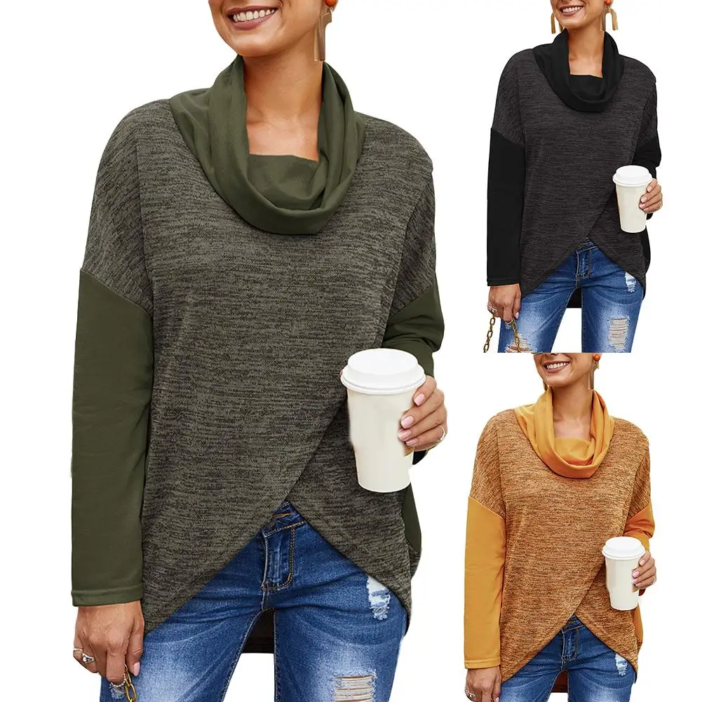 

Stylish Vintage Women Long Sleeve Turtleneck Thick Loose Irregular Patchwork Pullover Blouse Top Office Lady Blouses Tops Basic