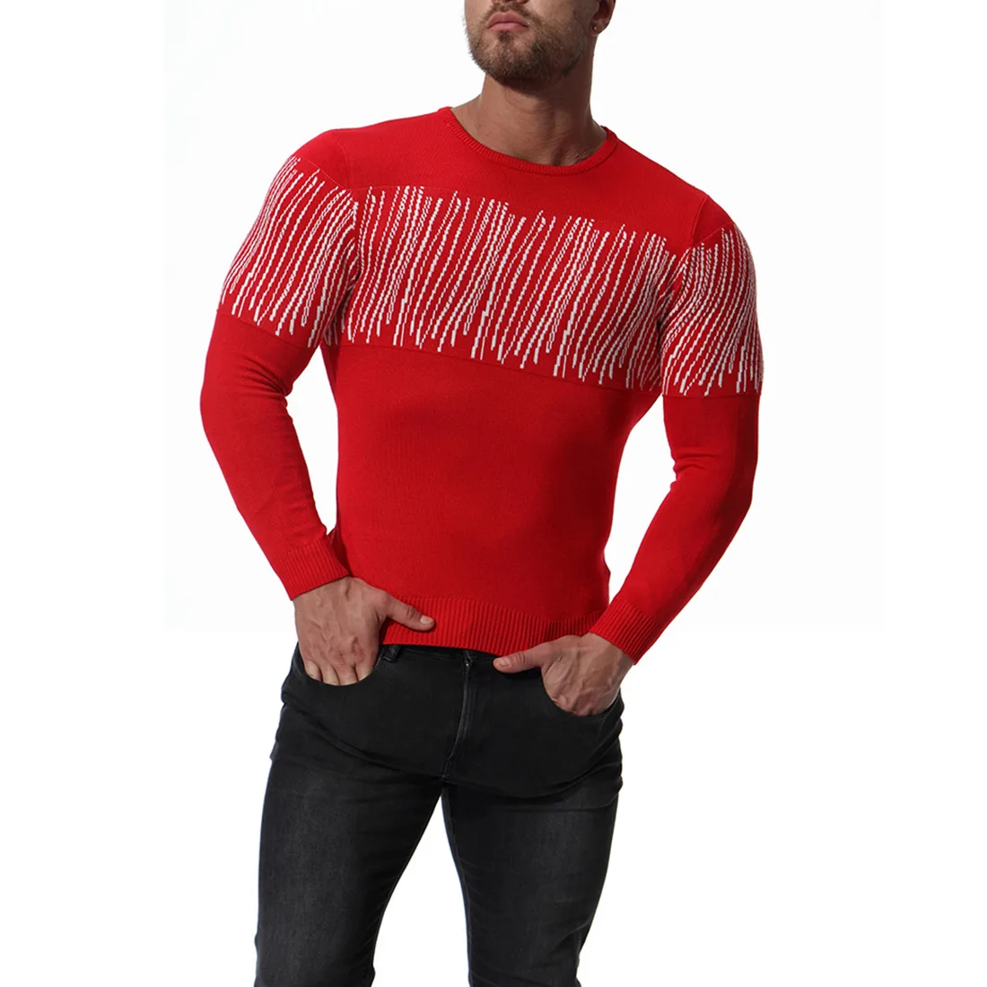 SFIT, Мужской Хлопковый вязаный тонкий свитер в полоску, модный мужской пуловер с круглым вырезом и длинным рукавом, черный, красный, S-2XL - Цвет: red