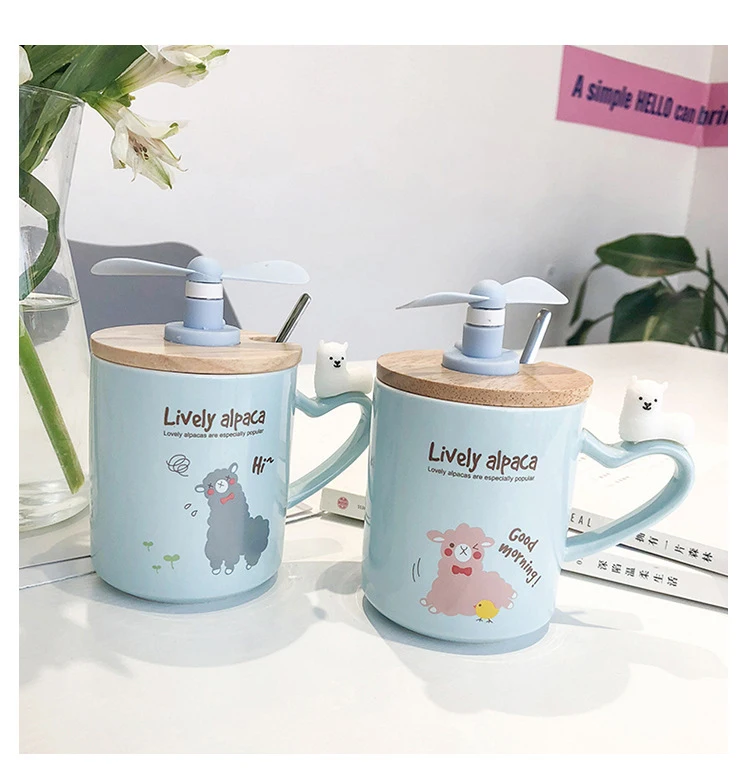 Керамическая кружка USB вентилятор Подключение линии передачи данных Мультфильм Деревянная Крышка ложка с творческой Кружка Офис Студент молоко кофе чай чашки подарки