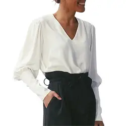 2019 Новый женский с пышными рукавами блузка рубашка на пуговицах белый v-образный вырез Топы Весна 2019 элегантные офисные женские уличные