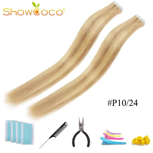 ShowCoco лента в Пряди человеческих волос для наращивания натурального волос 20/40 шт, смешанные цвета, Цвет горячие головы для наращивания блеск коричневого до блондинка ленточных накопителей - Цвет: ColorP10 24 -40 Pcs