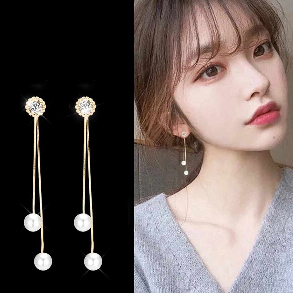 

2019 New Fashion Silver Plated Dangle Hanging Rhinestone Pearl Long Drop Earrings For Women Tassel Jewelry Brincos Bijoux