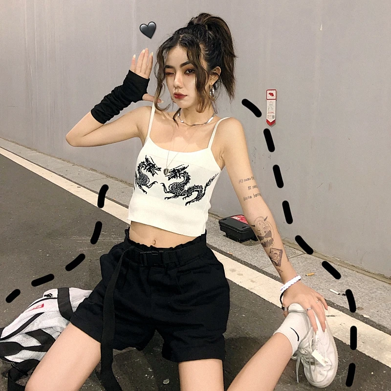 Lychee Harajuku однотонные Женские топы с принтом дракона, летние женские топы без рукавов, женские топы, свободные женские укороченные топы