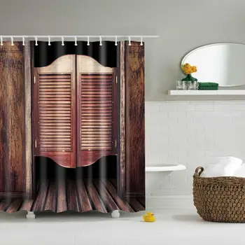 

Waterproof Thicken Polyester 3D Shower Curtain Cowboy Brown Wooden Door Mildew Proof Bath Tub Curtain with 12 pcs Hooks