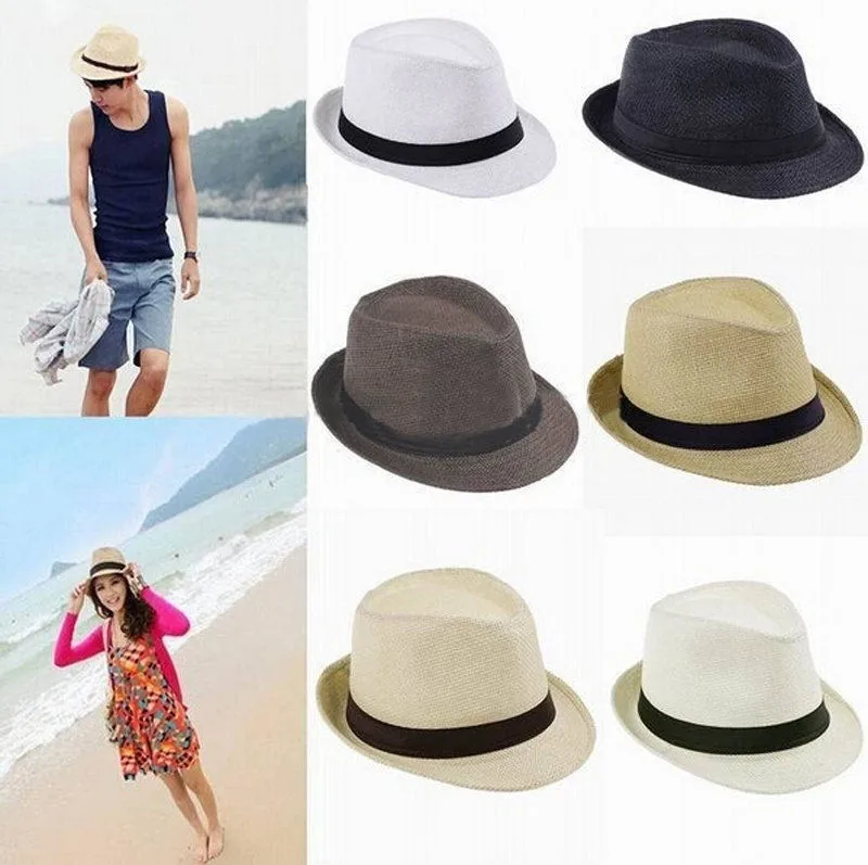 

JAYCOSIN Unisex Trilby Gangster Cap Casual Panama Hat Lady Men Summer Beach Sun Straw Hat Band Sunhat Straw Cap Sun Hat #45
