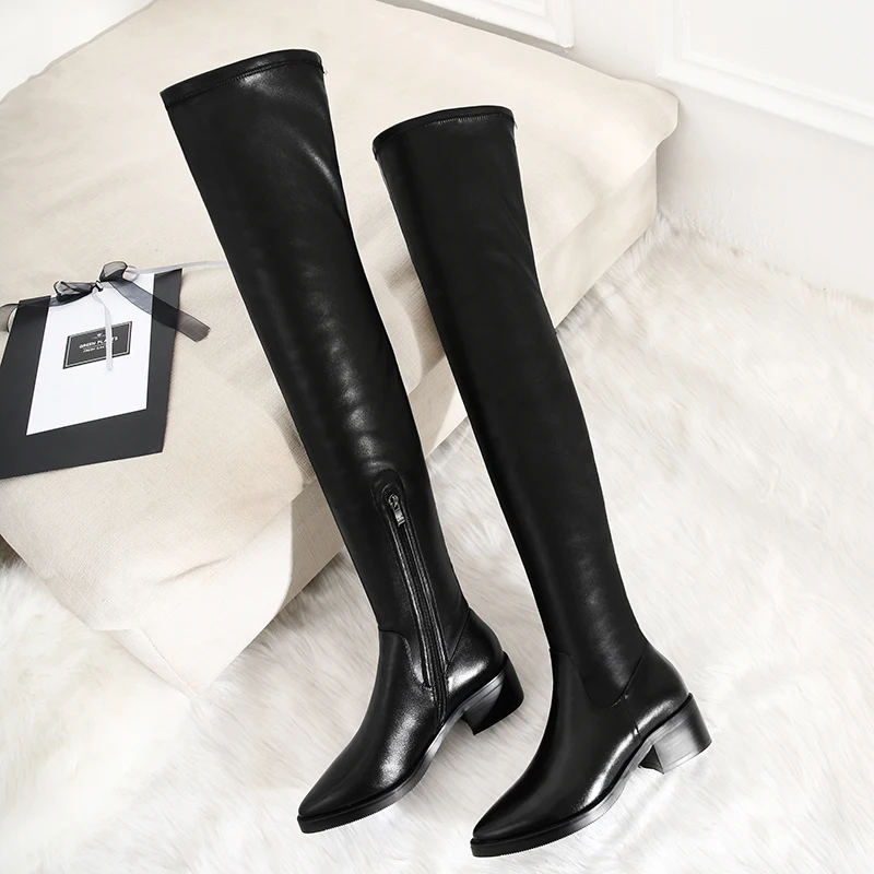 TXCNMB Leather Square Heels Over The Knee Boots Women Dress Wedding Shoes Woman Round Toe Autumn Boots Large Size 43