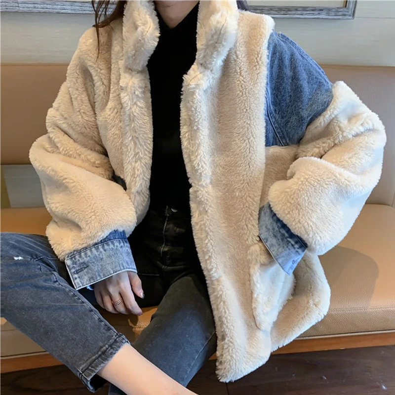 

2019New Winter Cotton Jacket Female Models Denim Stitching Sheep Shearing Loose Coat Coat Women Plus Velvet Thick Cotton Jacke
